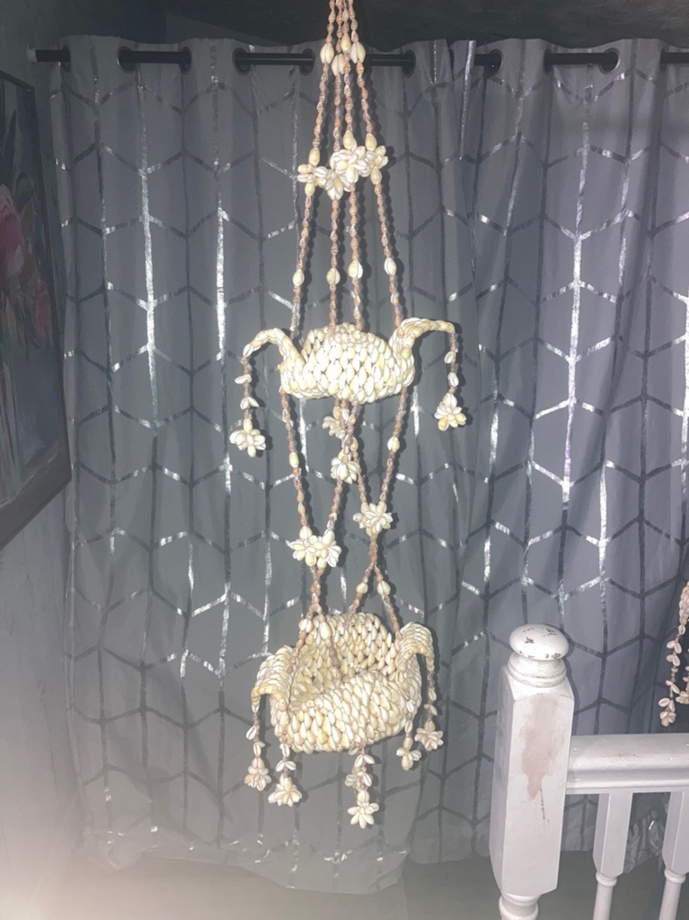 Handmade Seashell Double Hanging Planter - Natural Cream